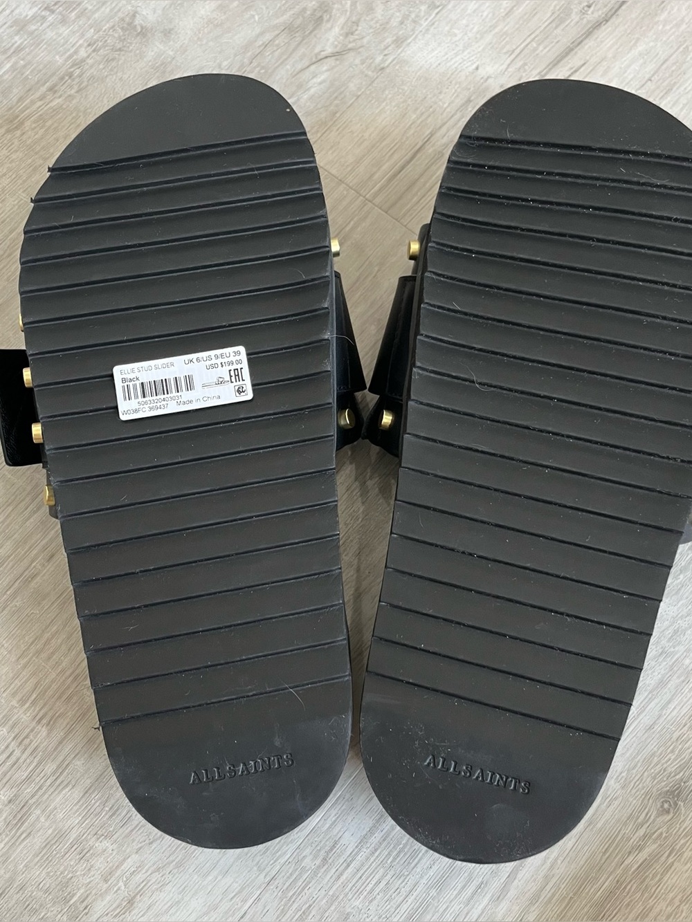 AllSaints Ellie Stud Slider Black Leather Gold Sandal Shoe 9 / EU 39 NWT NWOB - Picture 10 of 11